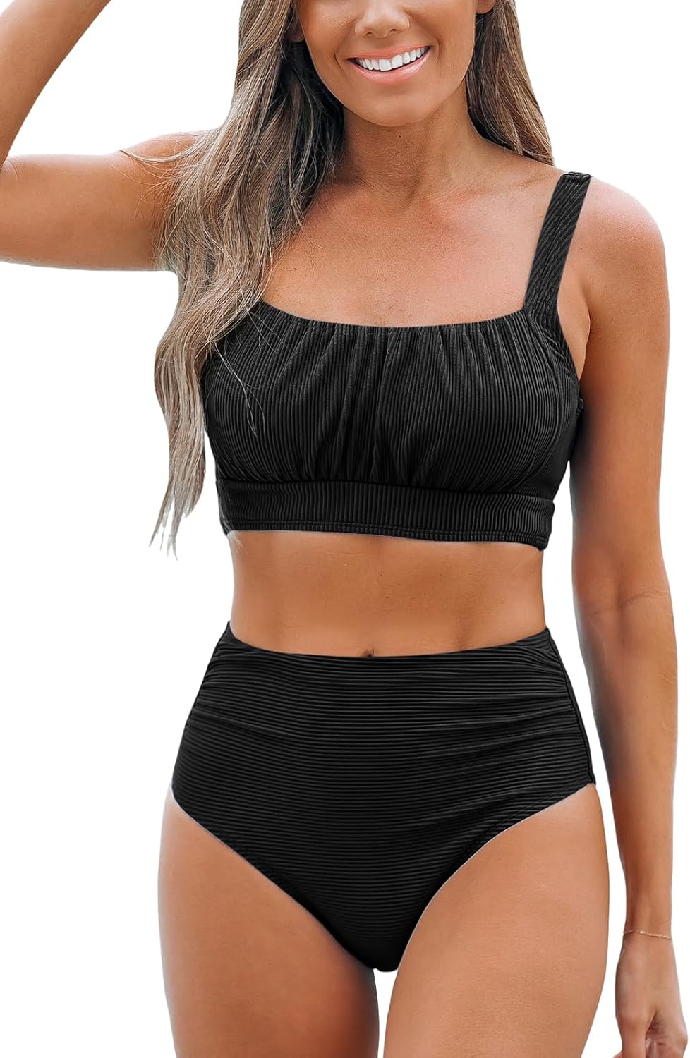 CUPSHE Women's Bikini Sets Two Piece Bathing Suit High Waisted Square Neck Adjustable Straps Ruched