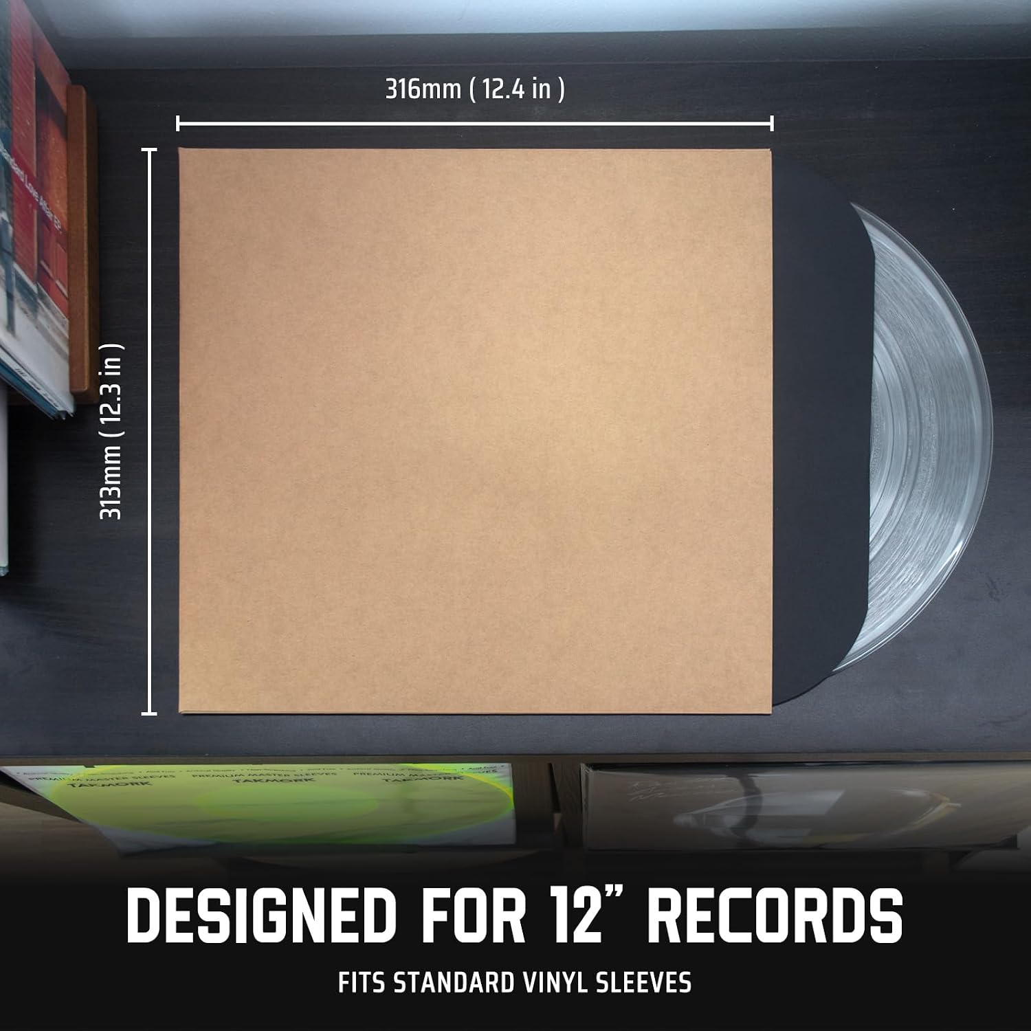 TAKMORK 12-Inch Blank LP Vinyl Record Jackets, 350gsm Heavyweight Kraft Cardstock Album Covers with 4mm Spine, No Center Hole, for DIY & Storage, Brown, 20pcs