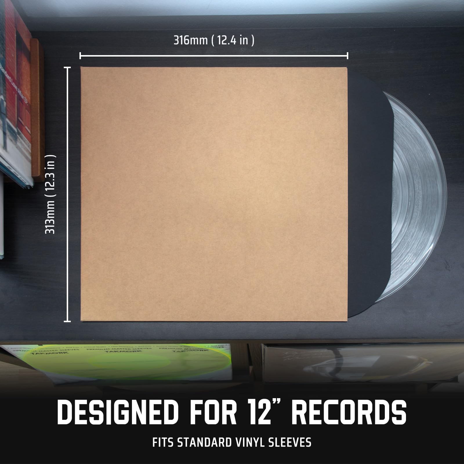 TAKMORK Copertine per dischi in vinile LP da 350 g/m², con dorso da 4 mm, senza foro centrale, per fai da te e conservazione, marrone, 20 pezzi