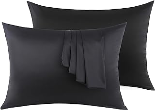 100% Silk Pillow Cases 2 Pack, Mulberry Silk Pillowcase for Hair and Skin with Hidden Zipper, Soft Breathable Smooth Cooling Silk Pillowcase for Sleeping Women (Black, Standard)