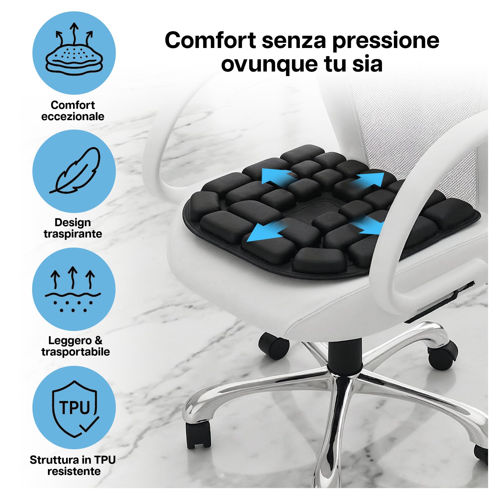 MMOBIEL Cuscino da Viaggio Gonfiabile Cuscino Portatile Sedia con Bolle d'Aria, Borsa Portaoggetti & Base Antiscivolo – Sollievo dalla Pressione Coccige & Emorroidi – Ufficio, Campeggio & Stadio