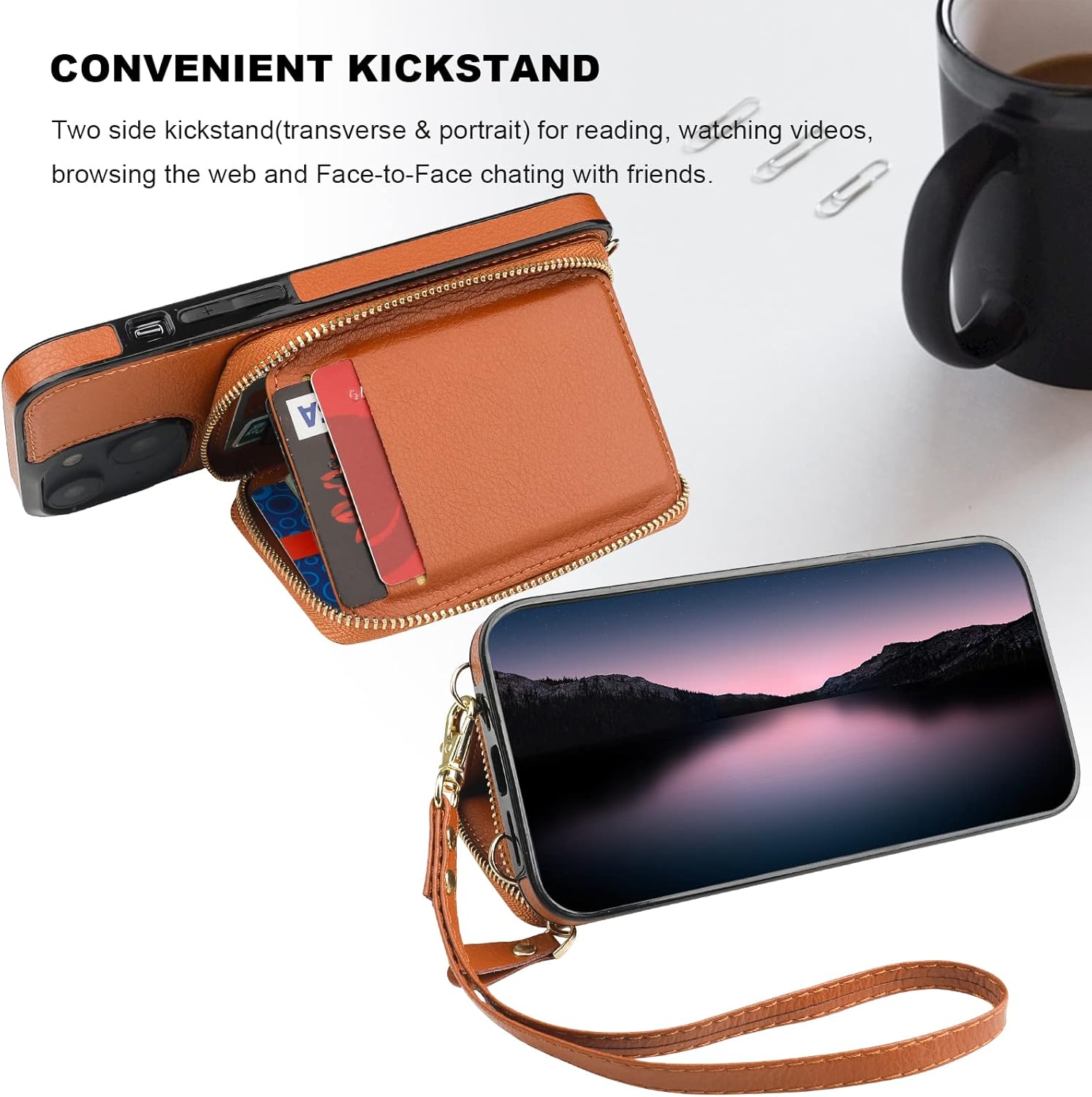 Bocasal RFID Blocking Wallet Case for iPhone 14 Plus, Adjustable Crossbody Zipper Purse Case Card Holder with Kickstand Detachable Wrist Strap, PU Leather Flip Folio Case 6.7 Inch 5G (Brown)