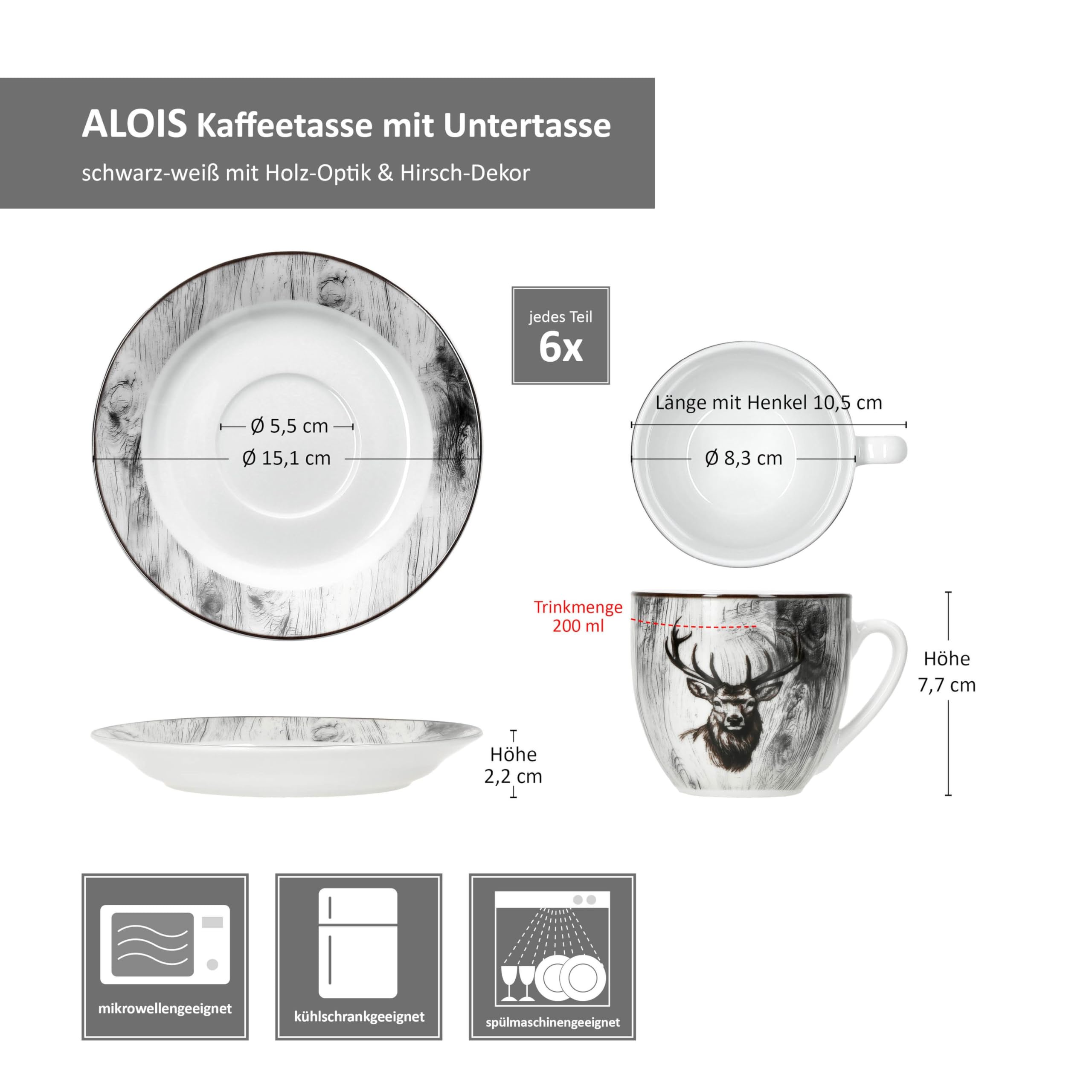 MamboCat Alois Lot de 6 tasses à café avec soucoupes pour 6 personnes I Service en porcelaine avec décor cerf pour le petit-déjeuner et le café I 6 tasses à thé de 200 ml et 6 soucoupes