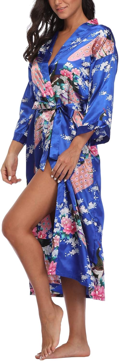 Women's Kimono Robe Peacock & Blossom Robe Wedding Satin Bathrobe Nightgown