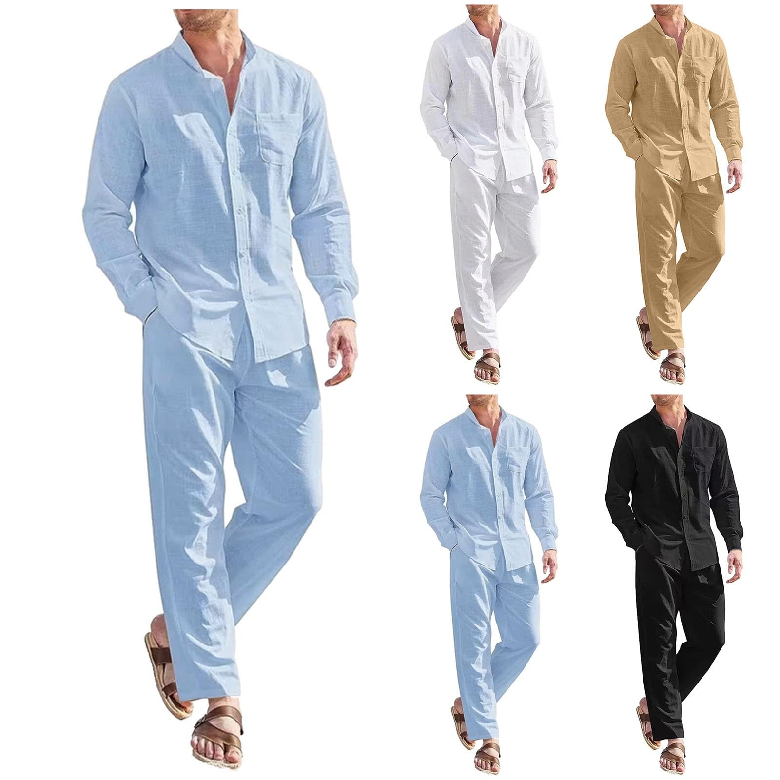 Vestito estivo da uomo, lungo, in cotone, lino, con bottoni, in mussola e pantaloni da spiaggia, traspirante, per il tempo libero, comodo, da jogging, tuta sportiva, tinta unita