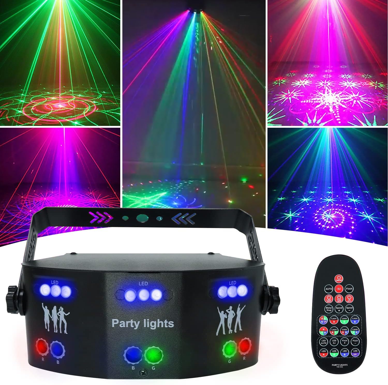 AMKI DJ Disco Lights, 15 Eyes RGB Party Lights Stage Light by DMX512 Control, Sound Activated LED Pattern Strobe Lights for Parties Live Laser Light Show Xmas Club Bar Disco Dancing