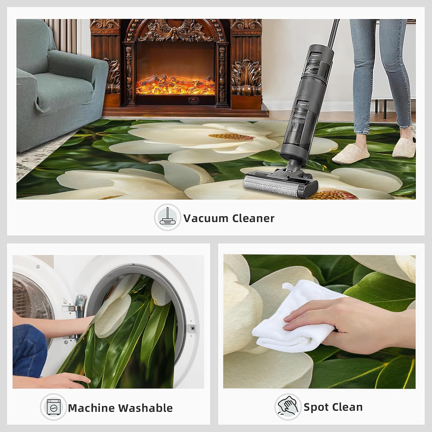 White Magnolia Rugs for Bedroom, Fresh White Magnolia Area Rug, Floral Print Rugs for Living Room, Indoor Non-Slip Rug, Machine Washable Carpet for Front Entrance Floor Decor 3x4ft