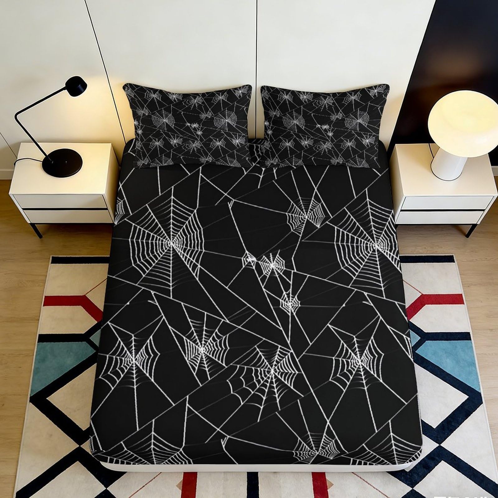 3D Printed Spider Web Fitted Sheet Microfiber Non-Slip Deep Pocket Bedroom Bedding Spider Mattress Fitted Cover Washable 180x200x25cm