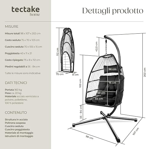tectake® Luxurious Egg Chair with Stand, Thick Cushions, Polyrattan Weave, Rotatable & Height-Adjustable, Steel Frame, Incl. Protective Cover - Ideal Hammock Chair for Garden, Patio & Balcony - Black - 6