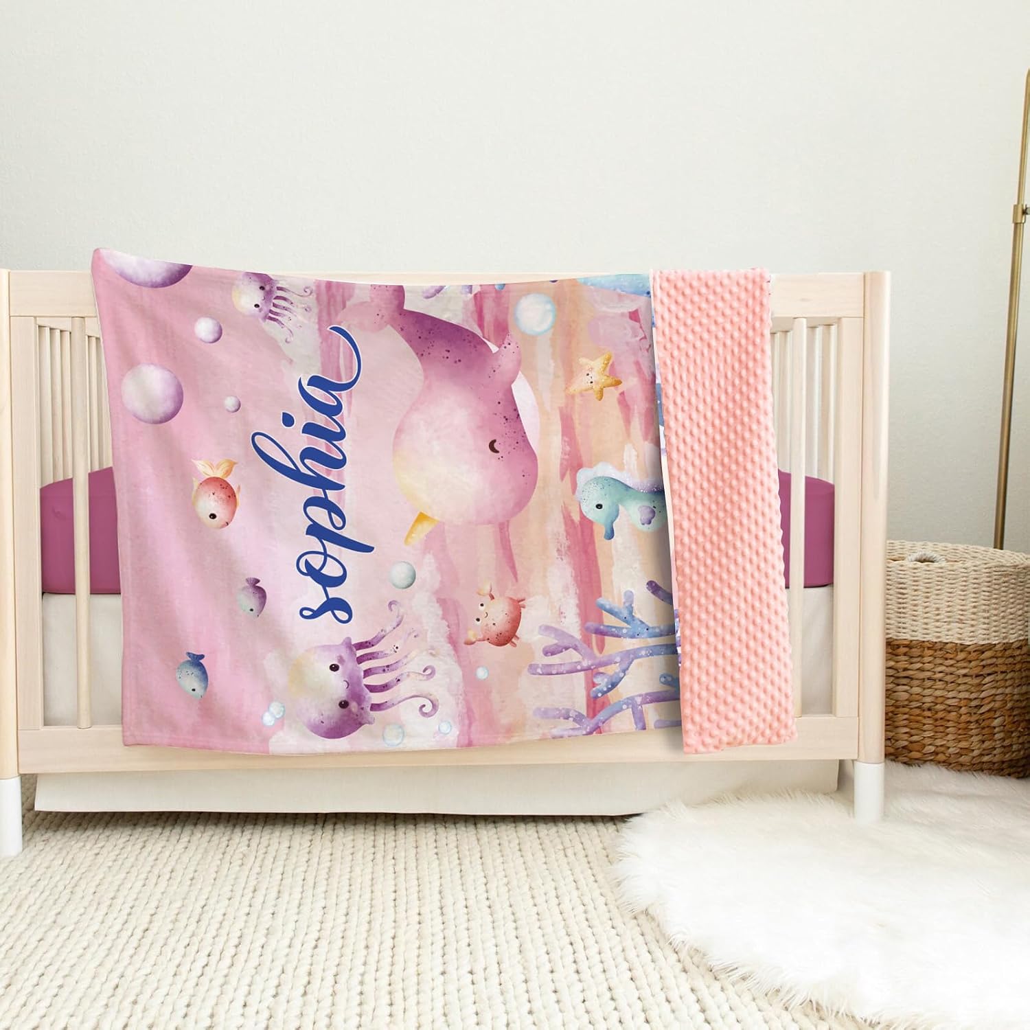 Custom Baby Blanket - Marine Animals Elements with Custom Name - Soft Plush Flannel Throw Blankets with Double Layer Dotted Backing for Kids Boys Girls Gifts Color19