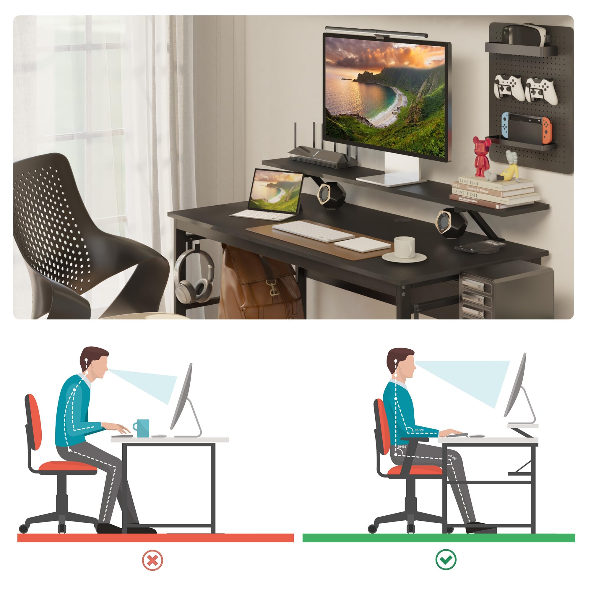 Mondeer Scrivania per computer, postazione di lavoro con 2 ripiani regolabili e grande supporto per monitor, salvaspazio, per casa, ufficio, studio, 120 x 60 x 90 cm, nero