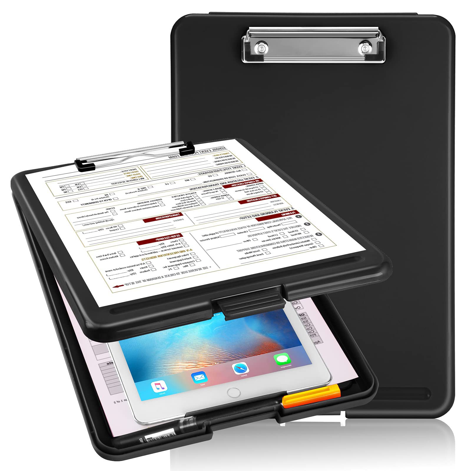 HBSTUDIO Clipboard with Storage, Plastic Storage Clipboard with Low Profile Clip, Heavy Duty Nursing Clipboards Foldable, Coaches Clipboard Case, Letter Size Smooth Writing for Work, Kids（Black,1Pack）