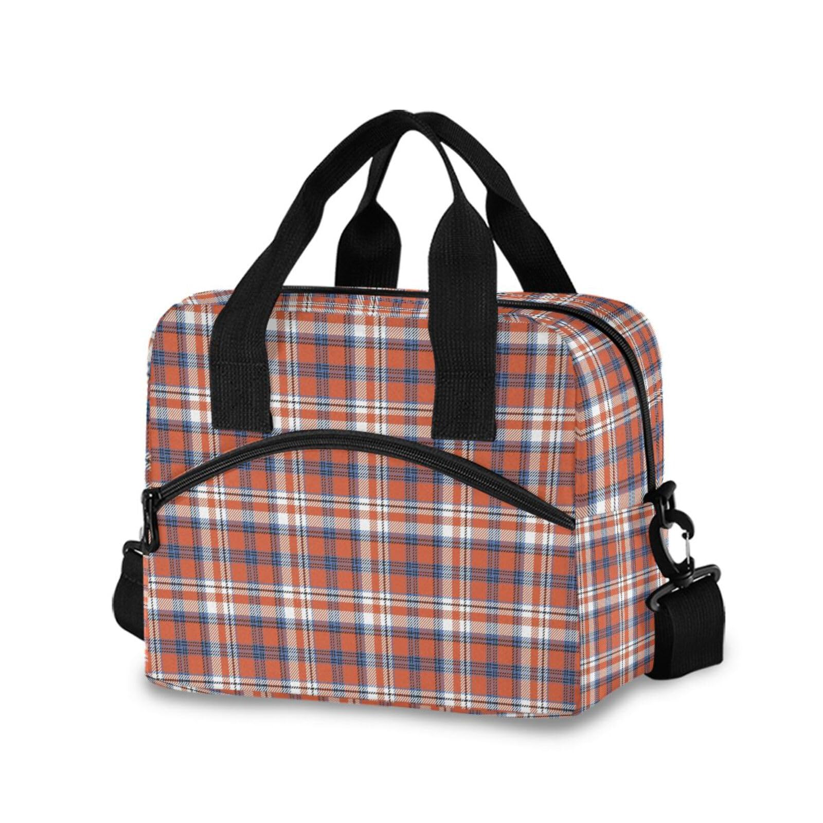 Sinestour Insulated Lunch Bag Reusable Cooler Plaid Red Orange Lunch Box Adjustable Shoulder Strap for School Men Women