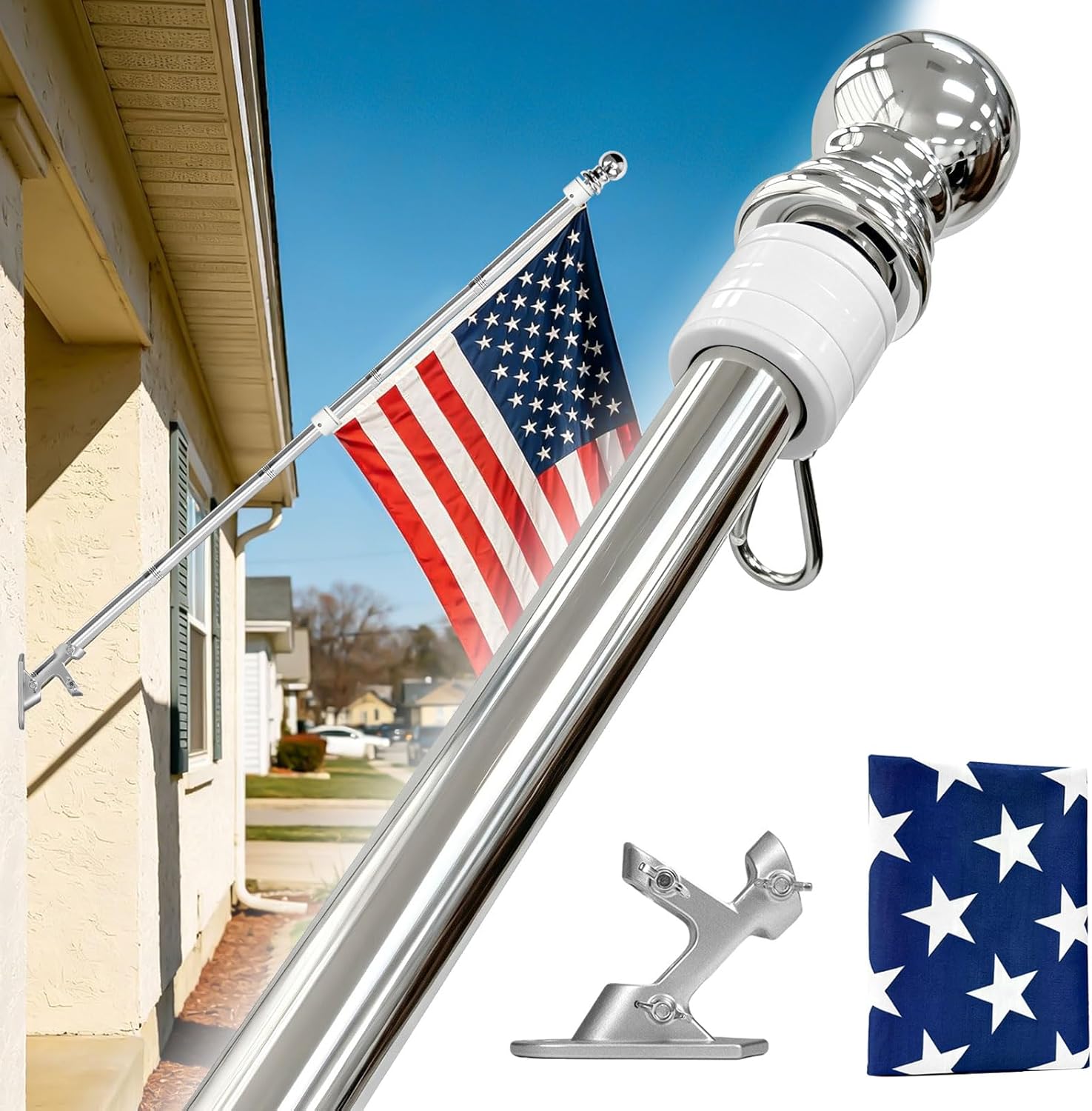 Stainless Steel Heavy Duty Flag Pole Kit for Outside House, House Flagpole with Flag and Holder, Anti Rust and high wind protection, 6ft Metal Spinning Flag Pole For Outdoor, Porch, Wall