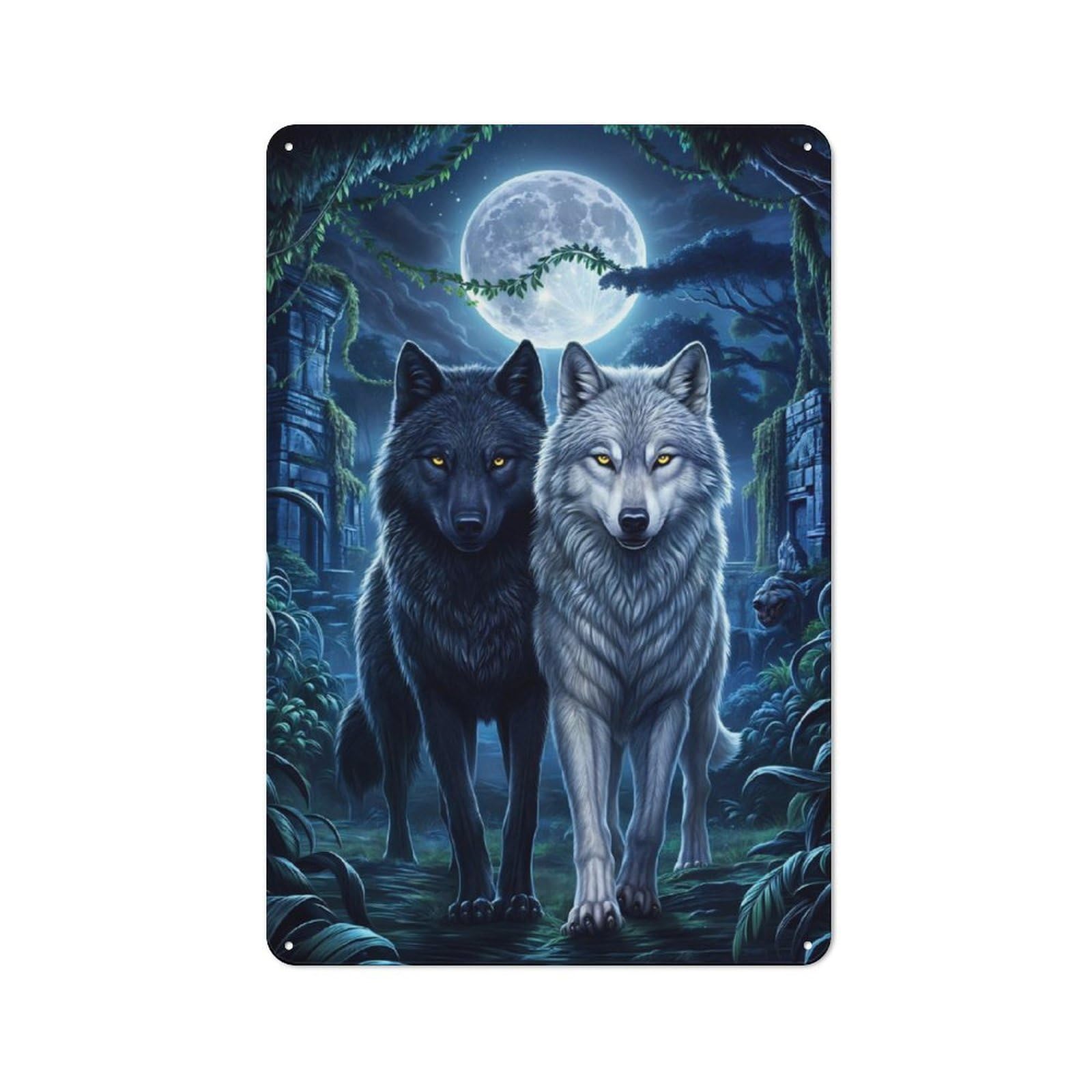 Junmoney Two Wolf In Jungle Retro Tin Sign 30X20cm Featuring For Bar Or Restaurant, For Metal Sign Collectors, For Garage And Workshop Walls
