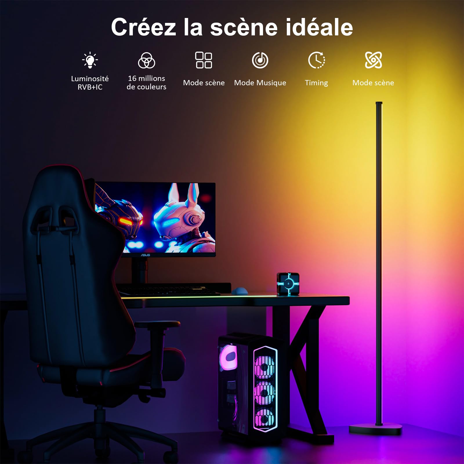 Lampadaire LED d'Angle, 143cm Lampe sur Pied RGB avec APP Contrôle et Télécommande, Musique Sync&16 Millions Couleurs, Lampadaire Salon pour Chambre, Salle de Jeux & Décoration de Fête