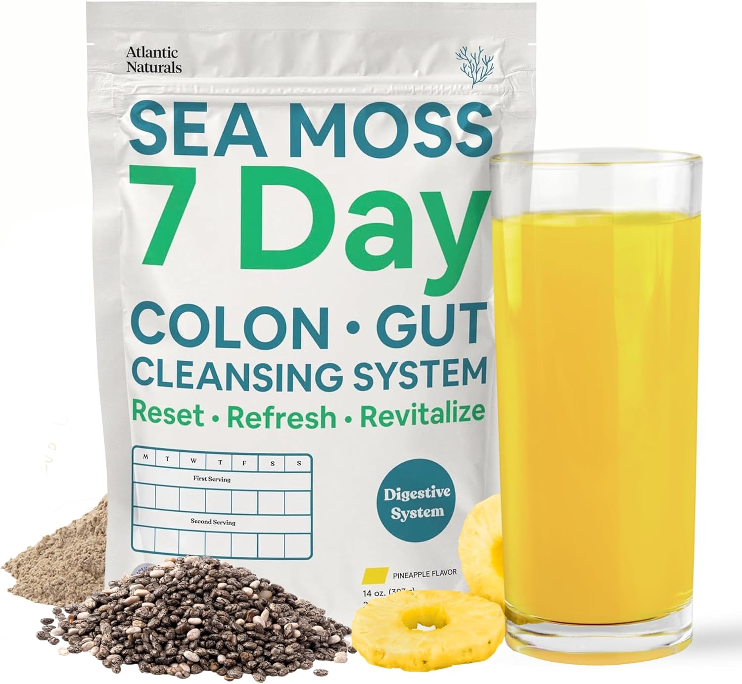 Sea Moss 7-Day Cleanse Colon & Gut Detox – Juice Cleanse Support with Psyllium Husk Senna Powder – Body Cleanse and Detox for Women & Men – Pineapple Flavor Mix Detox Drink (14 oz)