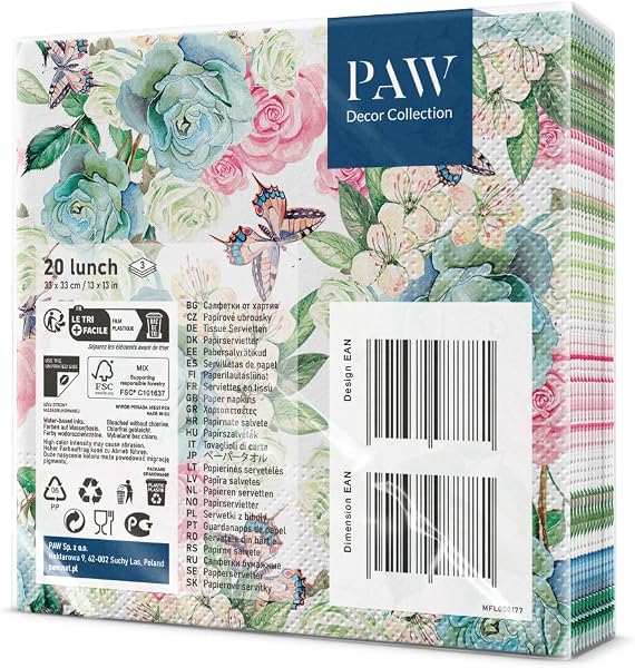 PAW - Servilletas Papel 3 Capas (33 x 33 cm) I 20 Unidades I Diseño de Naturaleza I Servilletas Papel Decoradas para Cumpleaños, Fiesta, Decoupage I Color: Powder Garden - 2