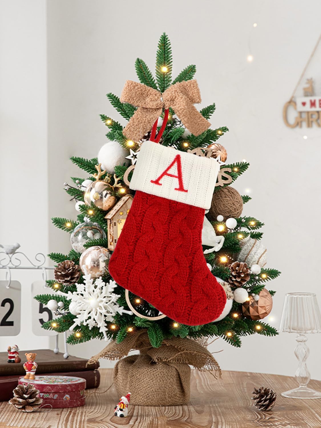 8 Inch Mini Christmas Stockings, Small Xmas Stockings with Monogram Initial, Classic Red White Xmas Decor for Mini Christmas Tree, Fireplace, Holiday Decor, Party Favors, Gift Stocking (S)
