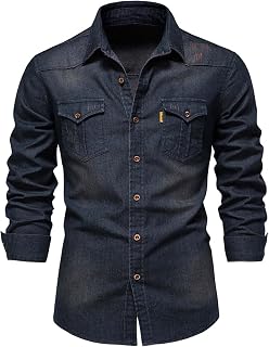 Men's Denim Shirt Casual Slim Fit Button Down Long Sleeve Washed Denim Shirt