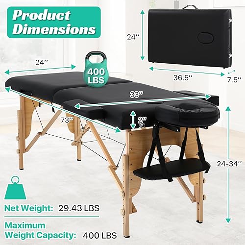 Miniatura 3 de Mesa de masaje portátil - Cama de spa plegable para fisioterapia, esteticista, tatuaje - negro