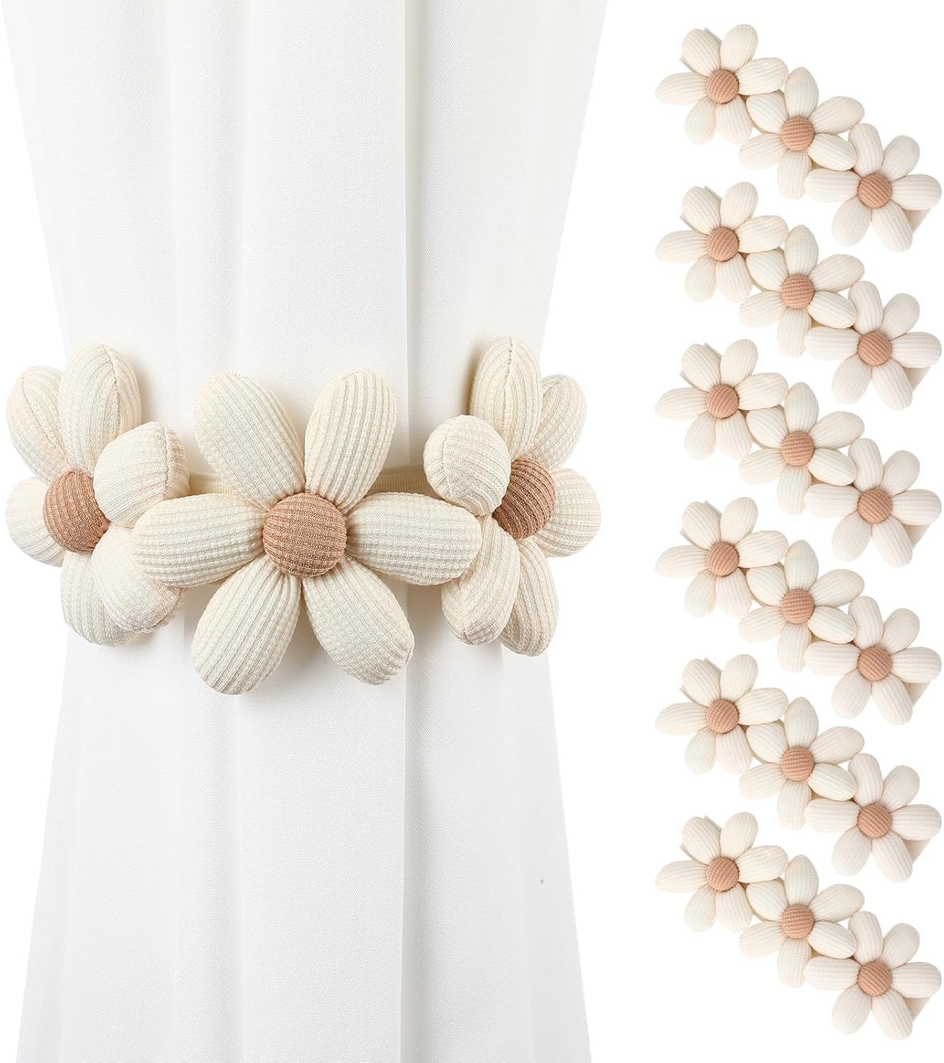 Moukeren 6 Pack Boho Sunflower Rope Curtain Tiebacks Simple Elegant Farmhouse DIY Curtain Holdbacks Accessories Wall Decoration for Home Office(Cream,Dual-Flower)