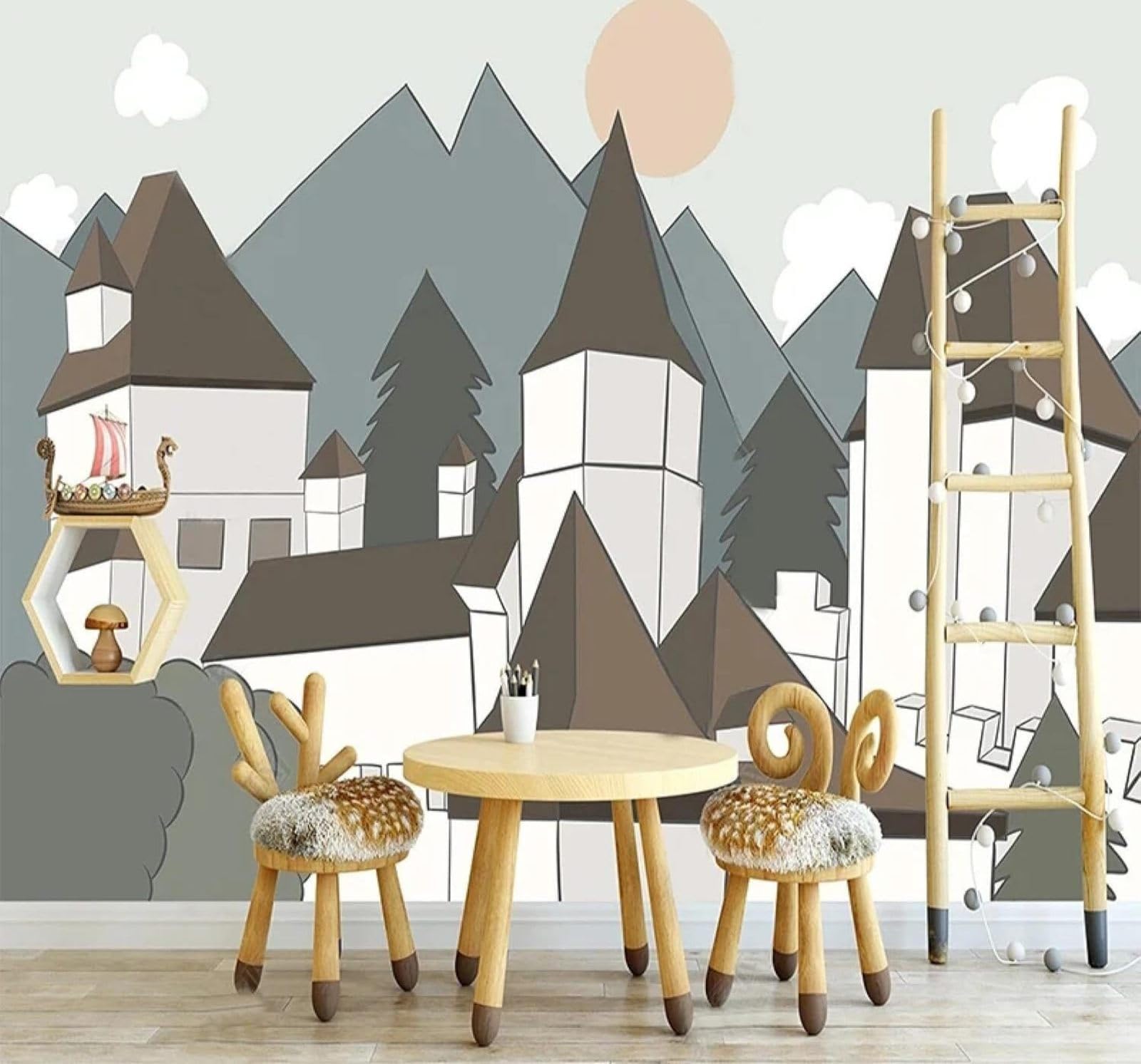 Xlming 300Cm×210Cm(B×H) Hand Drawn Cartoon Castle Mountain Peaks Sunrise 3D Wallpaper Luxury Silk Study Dining Feature Sofa Grey Bedroom Living Room Tv Decorative Wall-300Cm×210Cm