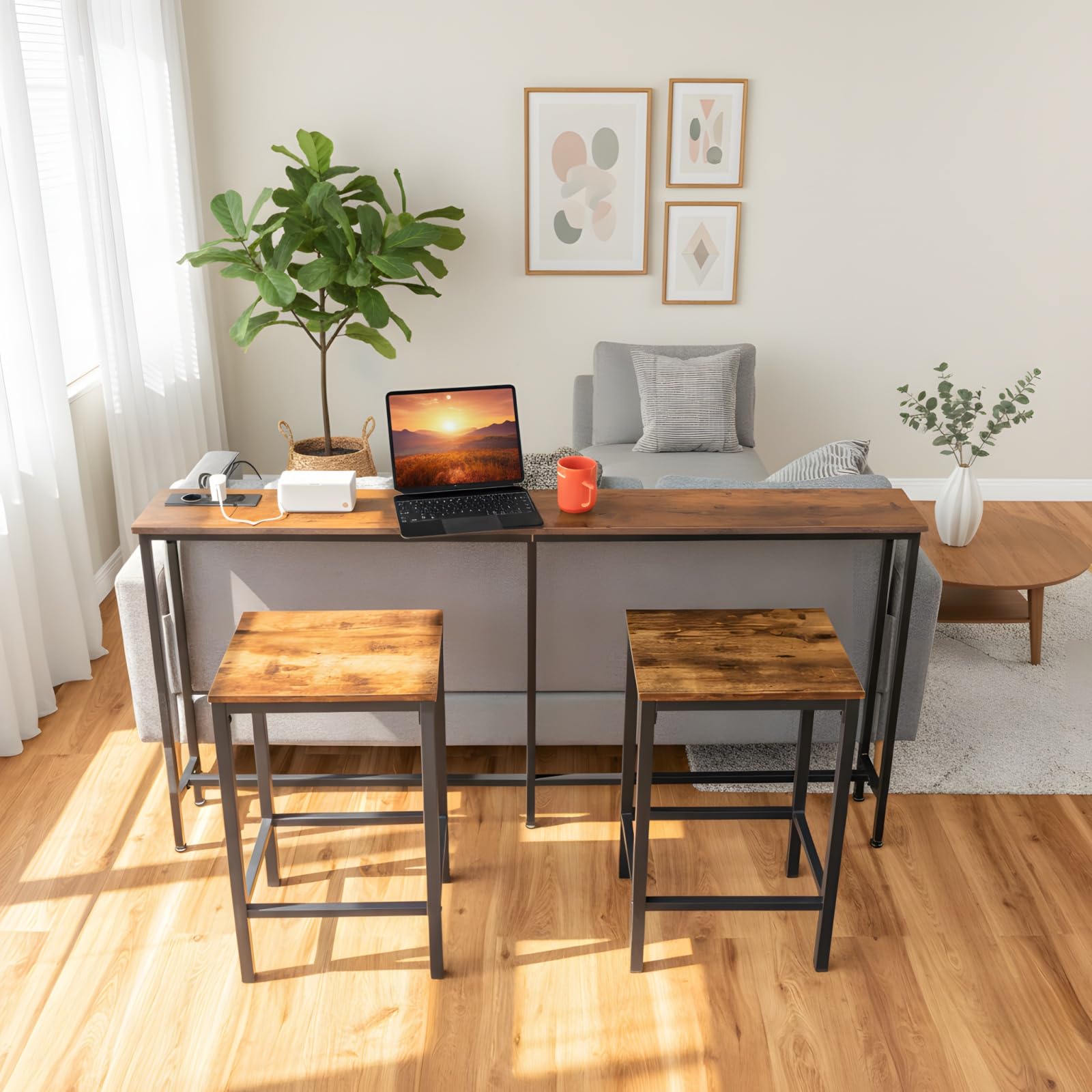 Tavolo Consolle da 180 cm con 2 Prese e 2 Porte USB, Tavolo Consolle d'Ingresso Stretto da 20 cm di Larghezza, Mobile Dietro il Divano per Soggiorno, Ingresso, Corridoio, Hall, Marrone e Nero