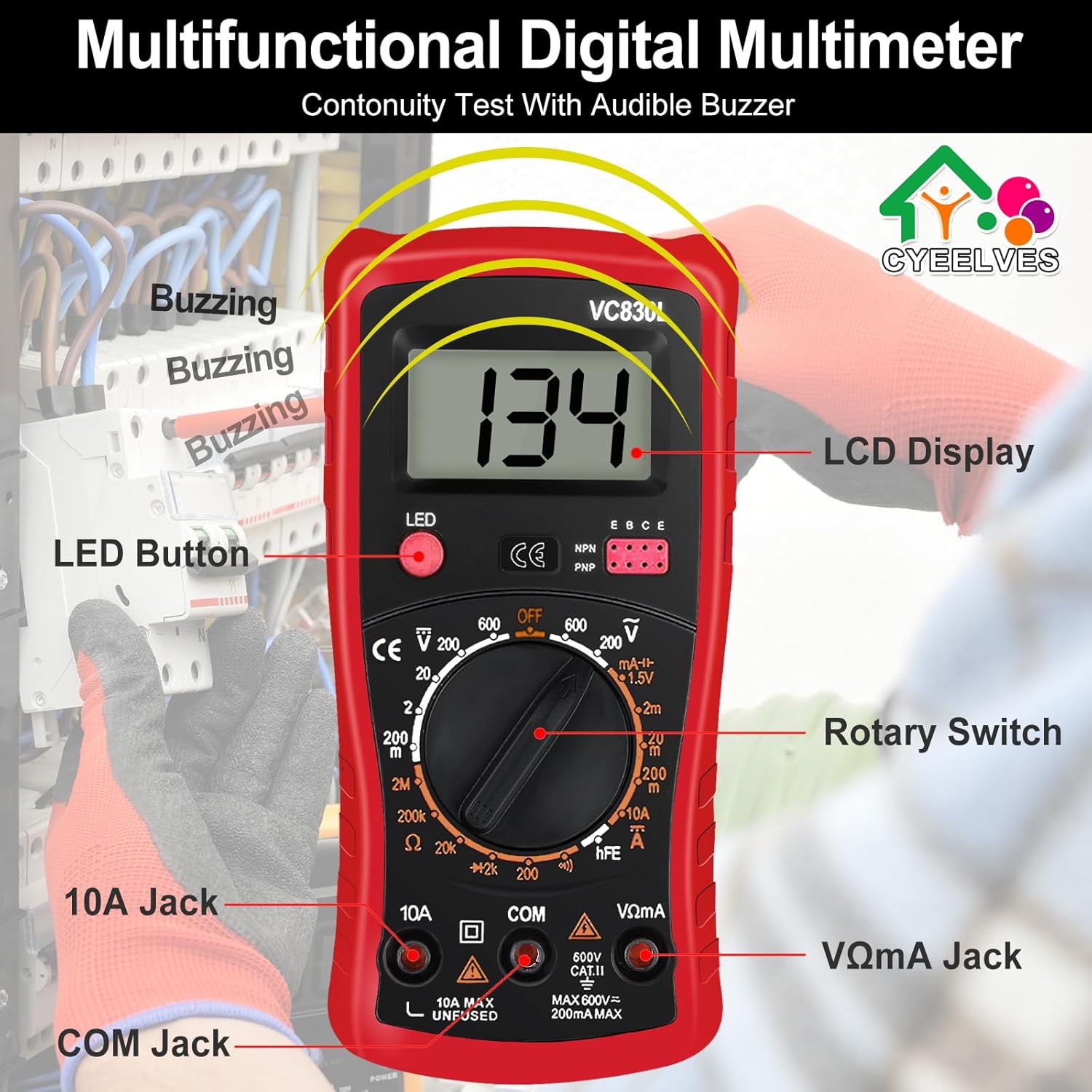 Diagram of Cyeelves Digital Multimeter VC830L with labeled components