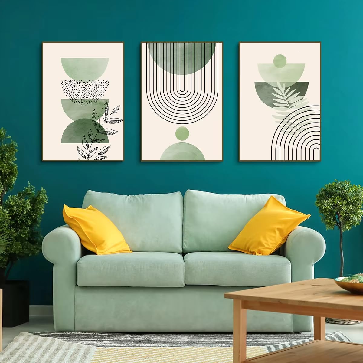 IHHGNB Boho szałwia zielone liście geometryczny plakat na płótnie minimalistyczny abstrakcyjny obraz ścienny do dekoracji wnętrz (50 x 65 cm 20 x 26 cali bez ramki)