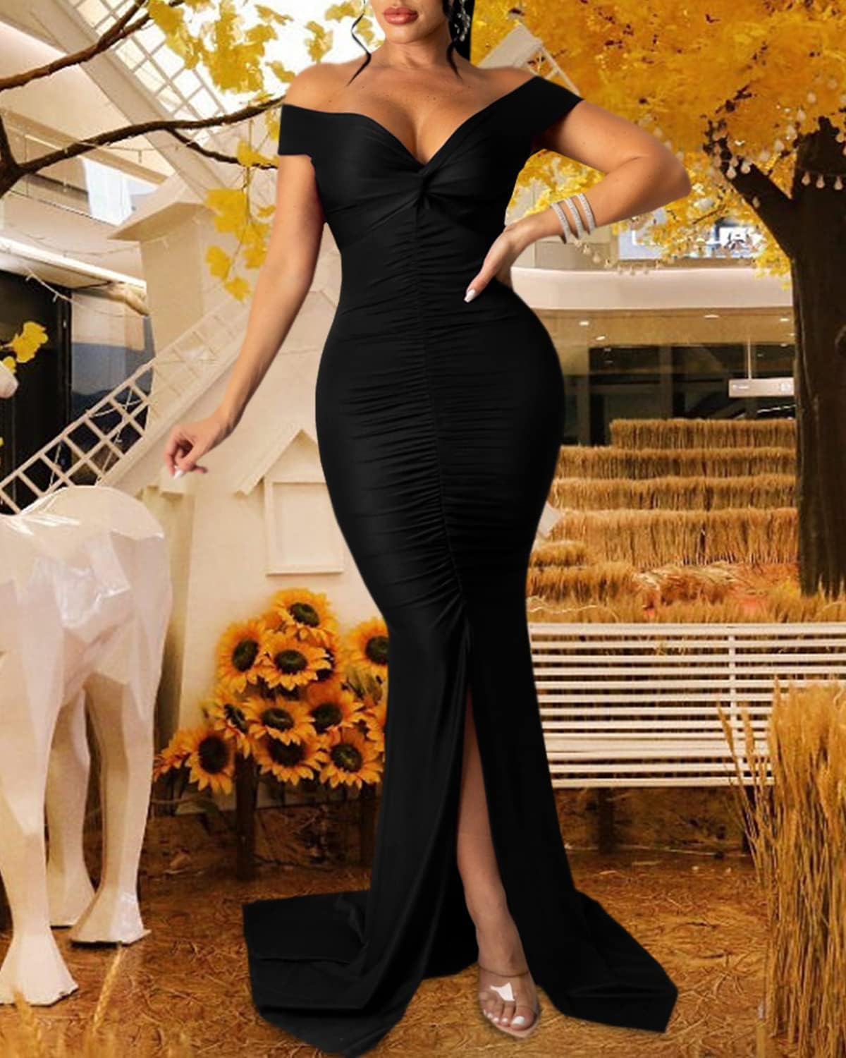 Sexy Formal Dress for Women Ruched Off Shoulder Club Cocktail Bodycon Evening Gown Maxi Long Dresses - Image 7