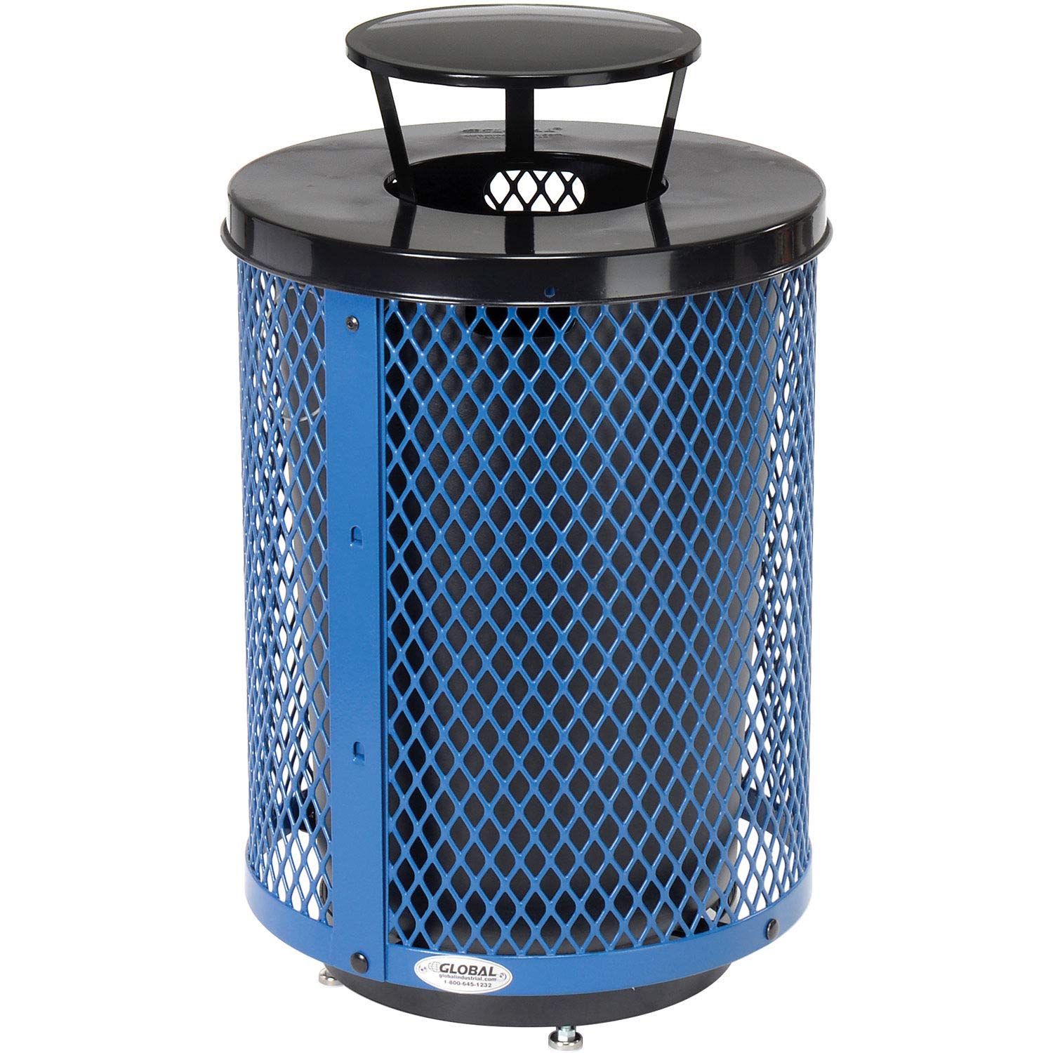 Global Industrial Outdoor Diamond Steel Trash Can with Rain Bonnet Lid, Raised Base and Plastic Liner, 36 Gallon Capacity, Black, Thermoplastic Coating, 23-1/2" Diameter, 43-1/2"H