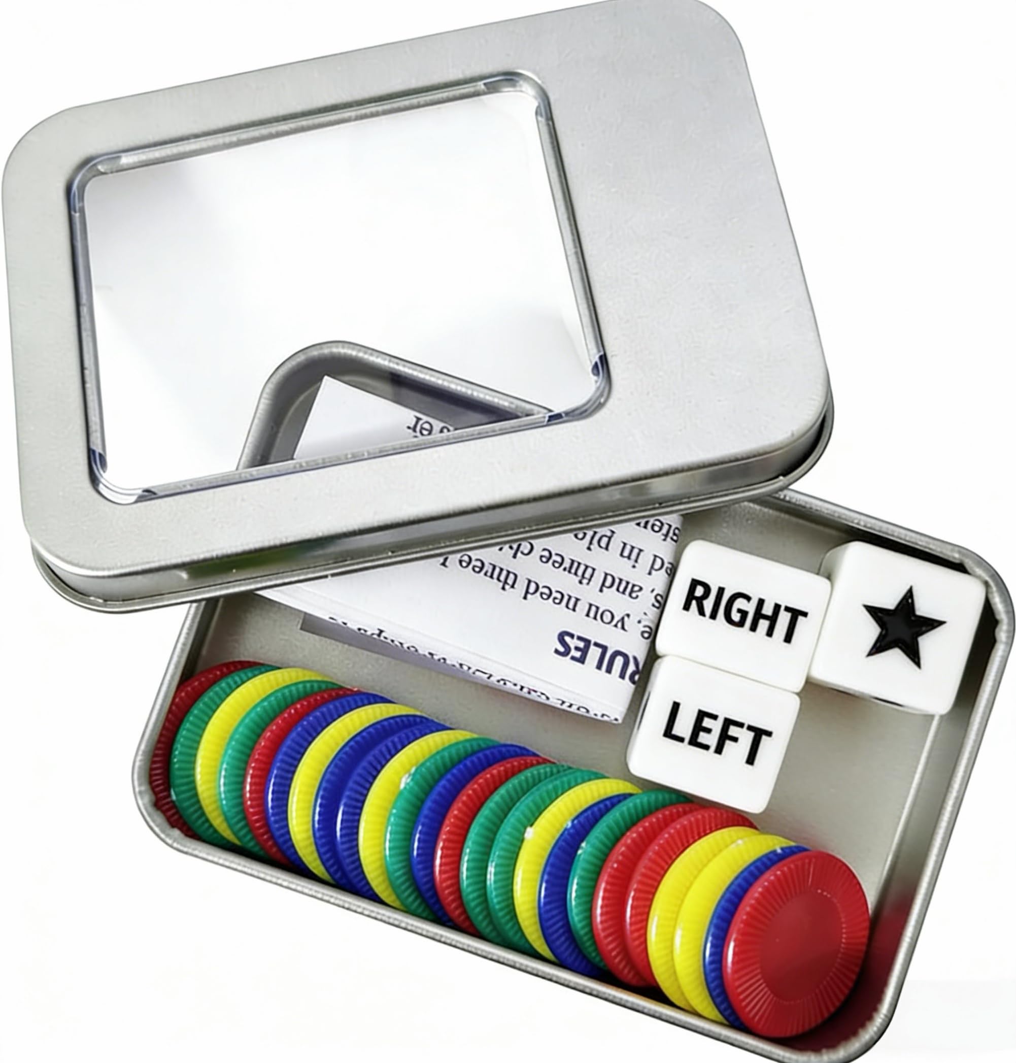 Left Right Centre Dice Game (LCR) - 3 Dice & 24 Chips Set | Fun Dice Games Set for Party Family Friends Gatherings Picnic Game with Storage Box