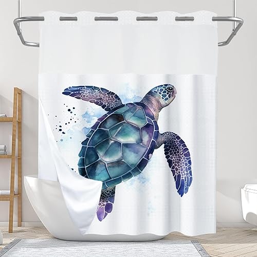 Vista 188 de Cortina de ducha de tortugas marinas, temática náutica de playa, verde y verde azulado, sin ganchos, punto gofre y forro desmontable, decoración