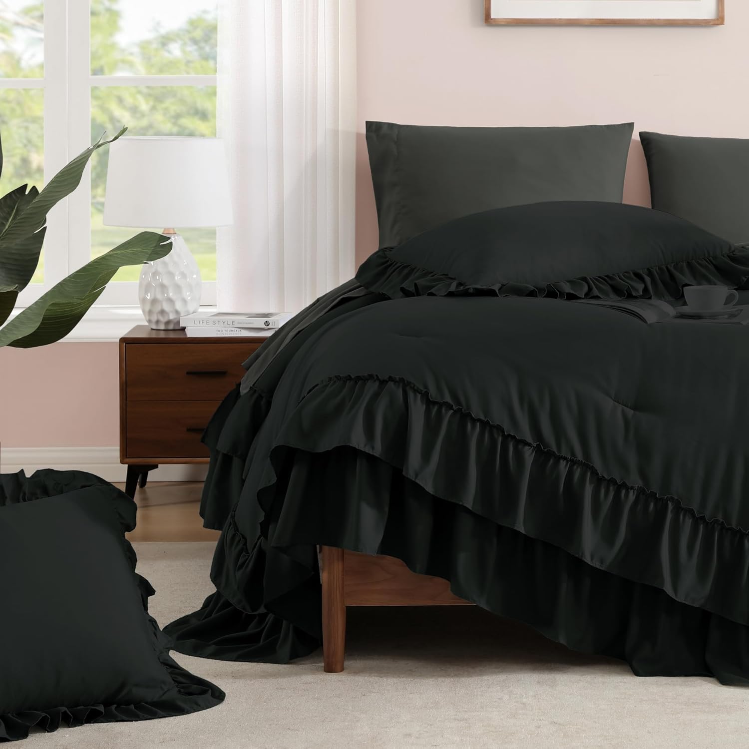 AMBERSPACE Full Comforter Set Black, Ruffle Shabby Chic Bedding Set Farmhouse 7 Pieces, All Season Fluffy Bed in a Bag with Sheets, Pillowcases & Shams