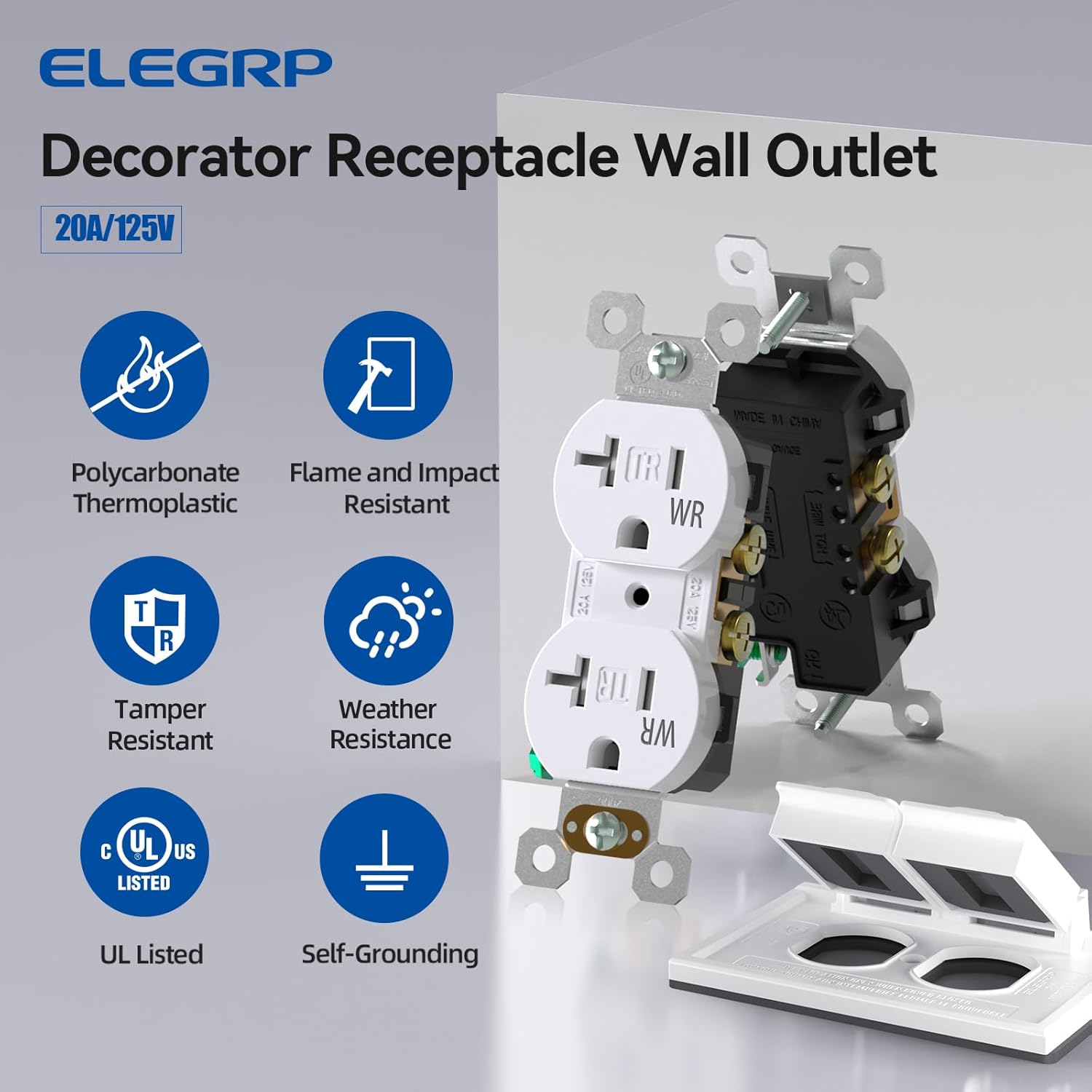 ELEGRP Duplex Receptacle with Outdoor Outlet Cover, 20A 125V Standard Electrical Wall Outlet, TR Tamper Resistant & WR Weather Resistant, Self-Grounding, UL Listed, Glossy White, 1 Pack