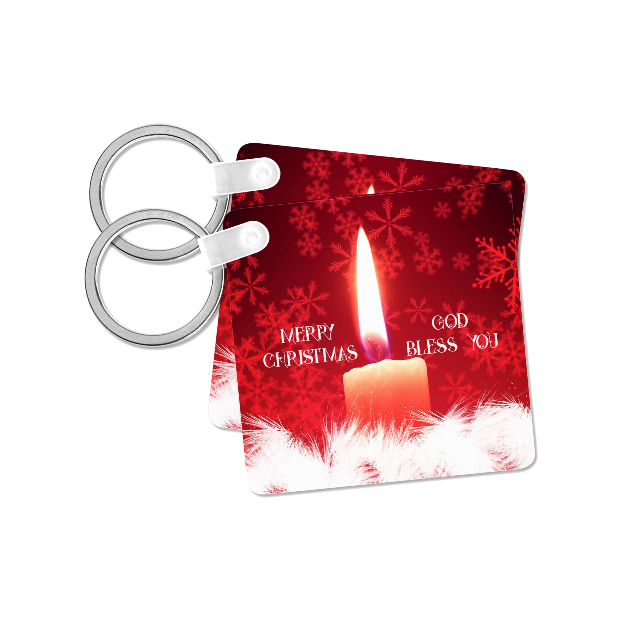 3dRose, Burning candle, red snowflakes. Merry Christmas. God bless you text, set of 2 Key Chains