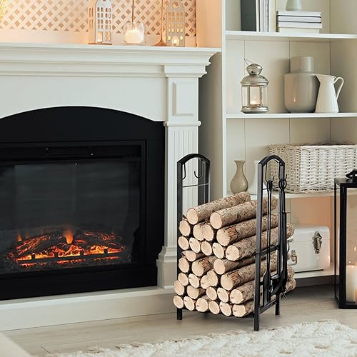 Miniatura 6 de Cididu Estante de leña con herramientas para chimenea, soporte de madera para chimenea de 2 niveles para interiores y exteriores, juego de