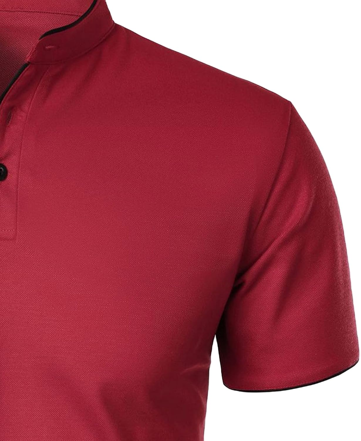 Men Stand Collar Polo Shirt Slim Fit Office Walking Short Sleeve Top | Mandarin Collar, Button Placket, Contrast Trim, Casual Wear, Slim Fit