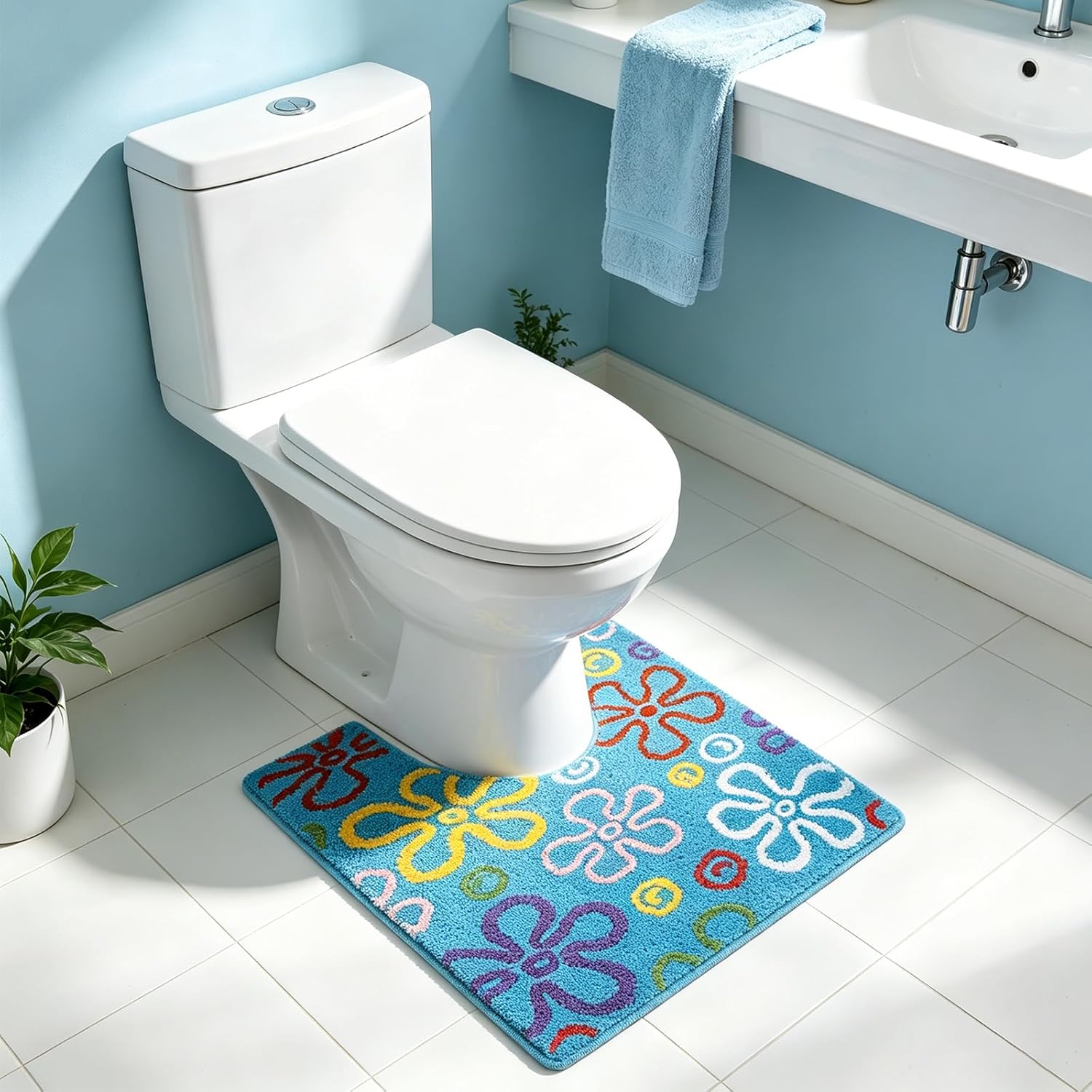 JarThenaAMCS Cartoon Sponge U-Shaped Toilet Rug Blue Ocean Washable Bathroom Rug Soft Plush Bath Mat Blue Bikini Floral Bubble Non Slip Floor Mat for Summer Coastal Home Hotel Restroom Decor