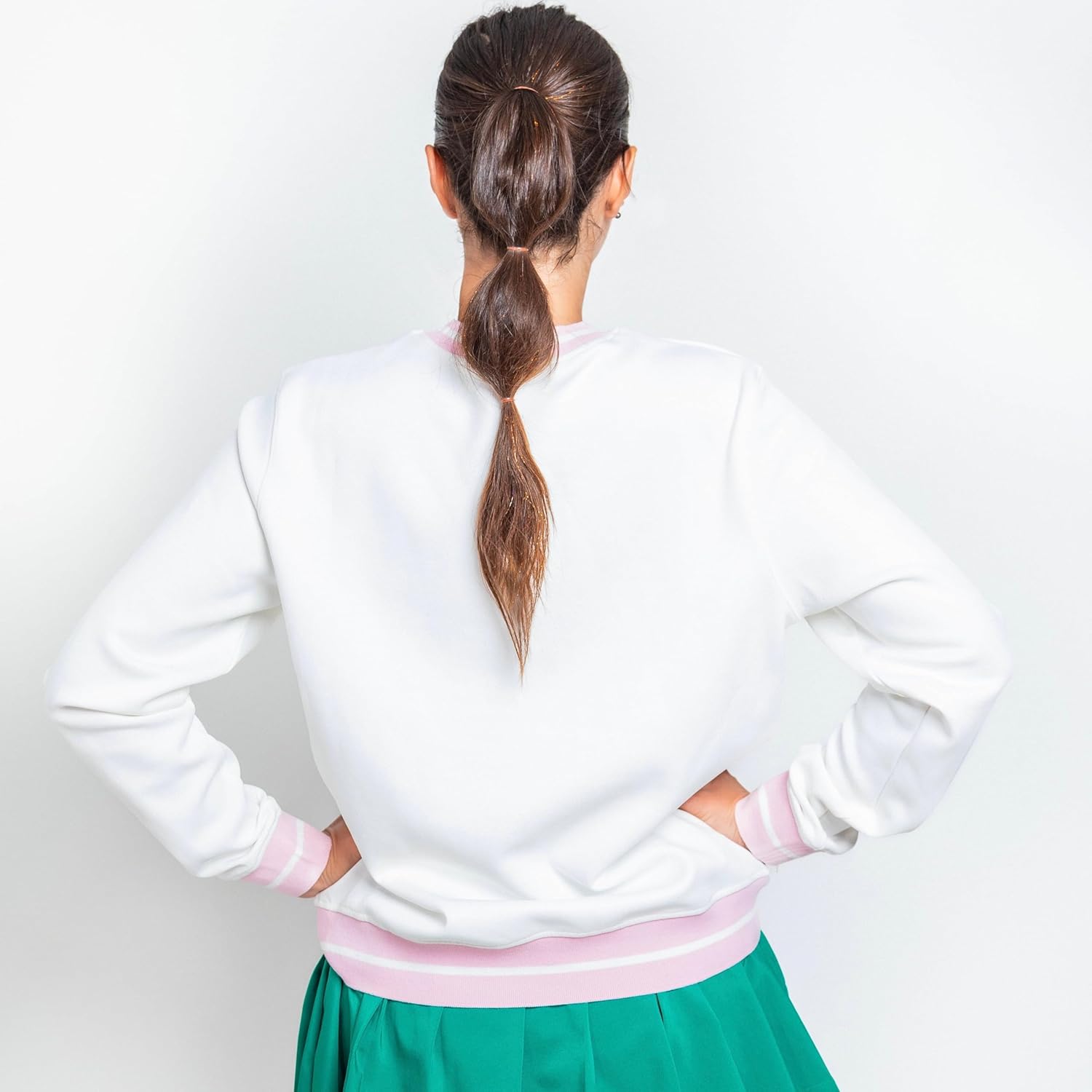 ACE WEAR Tennis Sweatshirt – White Scuba with Pink Stripes