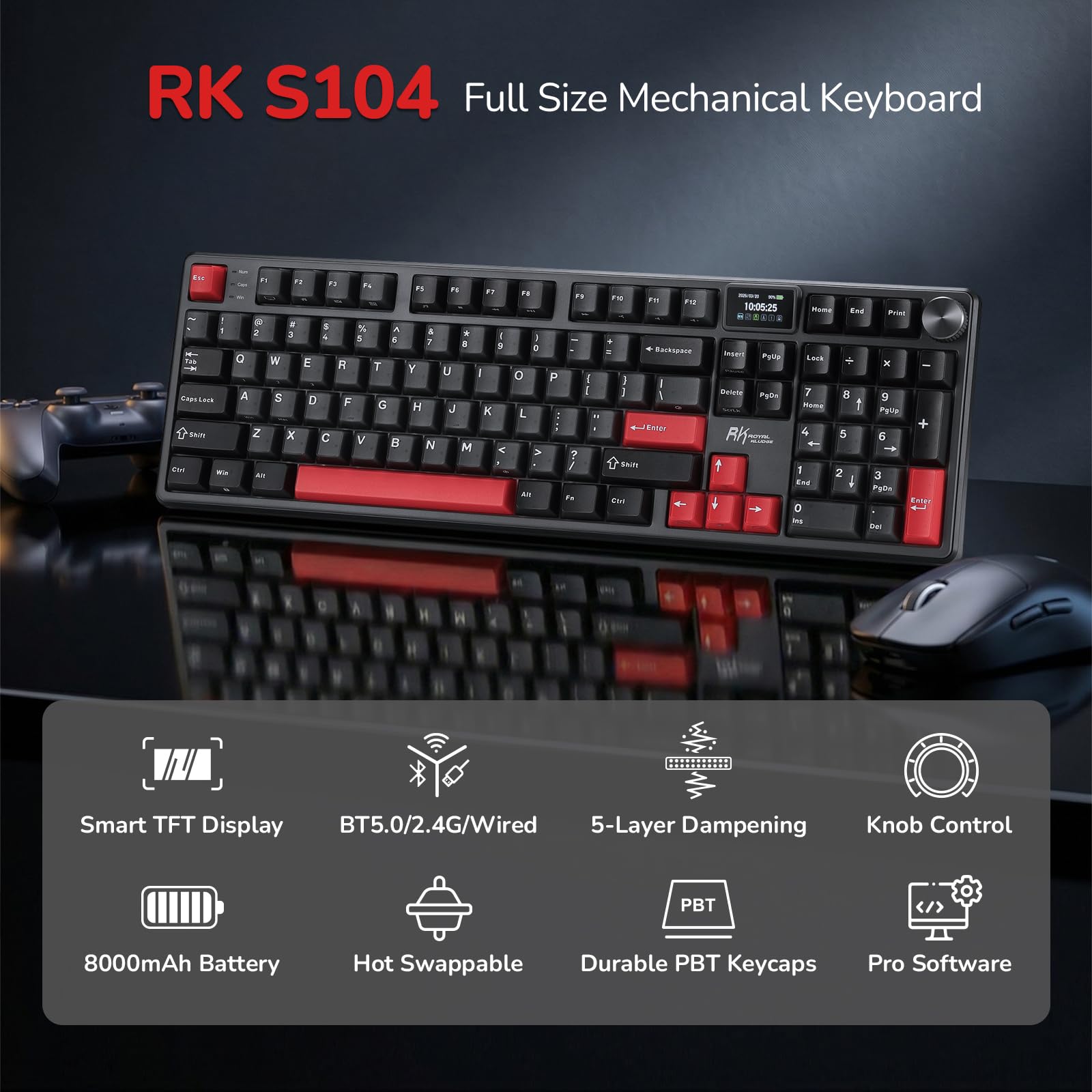 RK ROYAL KLUDGE S104 bezprzewodowa mechaniczna klawiatura gamingowa zwyświetlaczem pokrętłem101klawiszy, pełnowymiarowa RGB órze, BT/2,4GHz/USB-C, akumulator 8000mAh, sterowniki internetowe, hot-swap