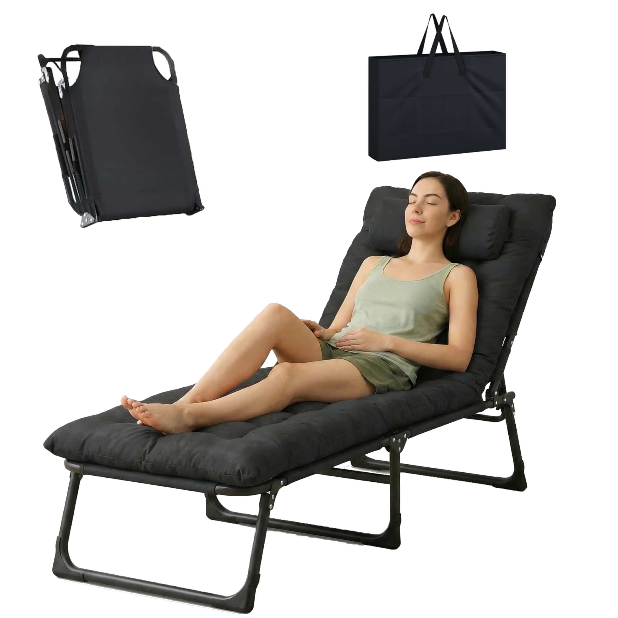 LSBIKE Folding Sun Lounger Bed Chair with Cushion and Bag– Extra Wide Foldable Sunbed with 3 Recline Positions, Breathable Oxford Fabric, Portable Sun Lounger for Garden, Patio, Camping (Black, 1pcs)