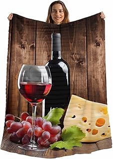 Wine Cheese Throw Blanket for Couch Bed, Soft Cozy Fleece Blanket for Women Men, Grapes Farmhouse Brown Wooden Plank Blankets Throws Home Dorm Room Decor Christmas Fall Gifts 32"x48"