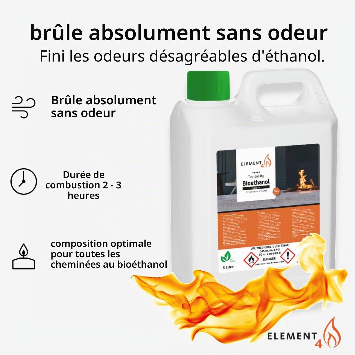 Element4 Bioéthanol 5 Litres Sans Odeur - Premium 96,6% - Compatible Avec Toutes Les Cheminées à l'Éthanol (Intérieure et Feu de Table) - Durée de