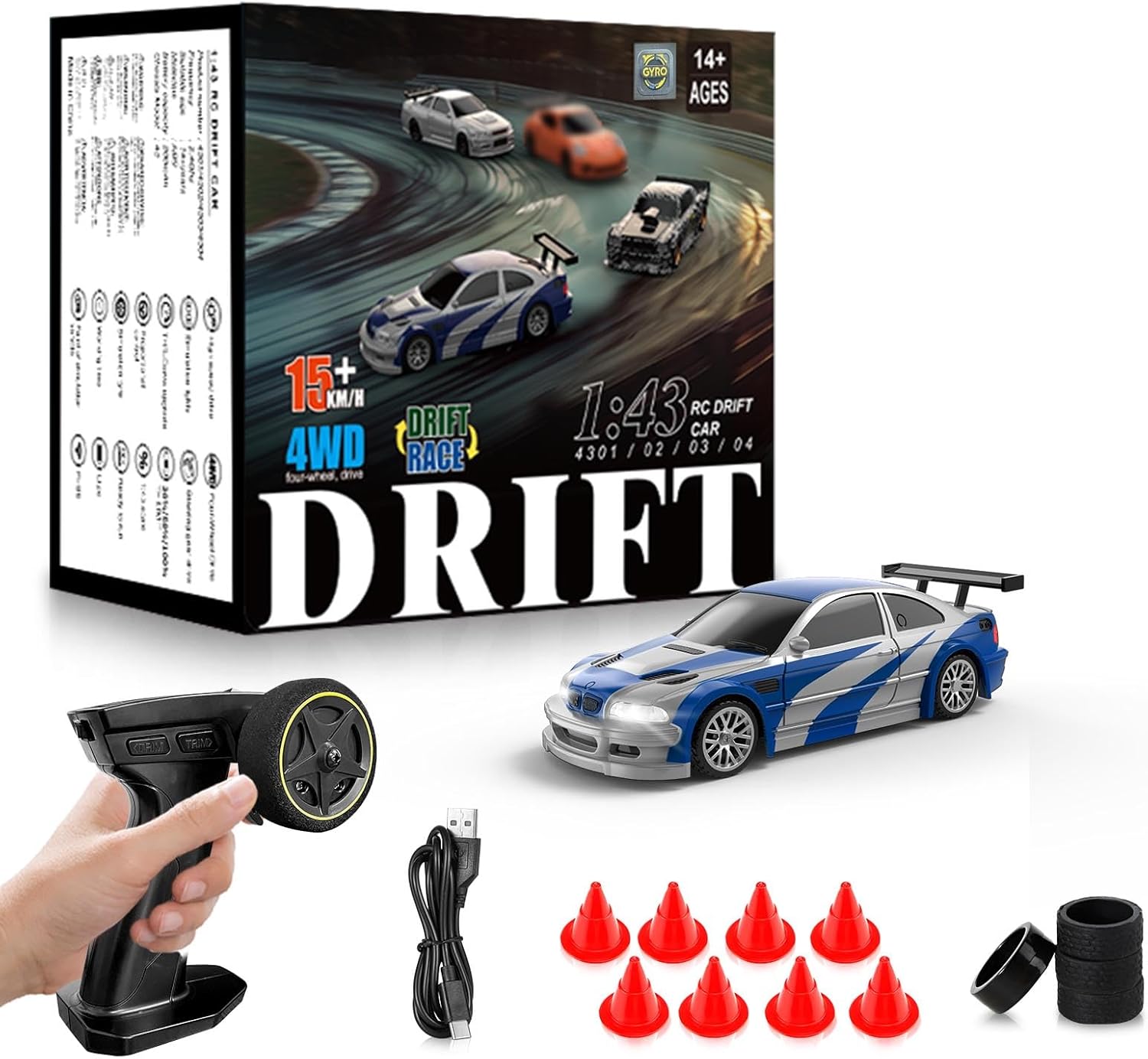 RC Drift car, 1/43 Mini Rc Drift car with Gyroscope, 2.4GHz Full Proportional Remote control Cars, 4WD High Speed Racing with Lights, Racing Tires, Model Cars Gift for Adults, Kids, Boys, Girls