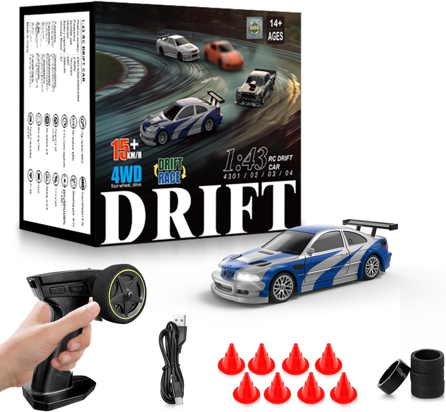 RC Drift car, 1/43 Mini Rc Drift car with Gyroscope, 2.4GHz Full Proportional Remote control Cars, 4WD High Speed Racing with Lights, Racing Tires, Model Cars Gift for Adults, Kids, Boys, Girls