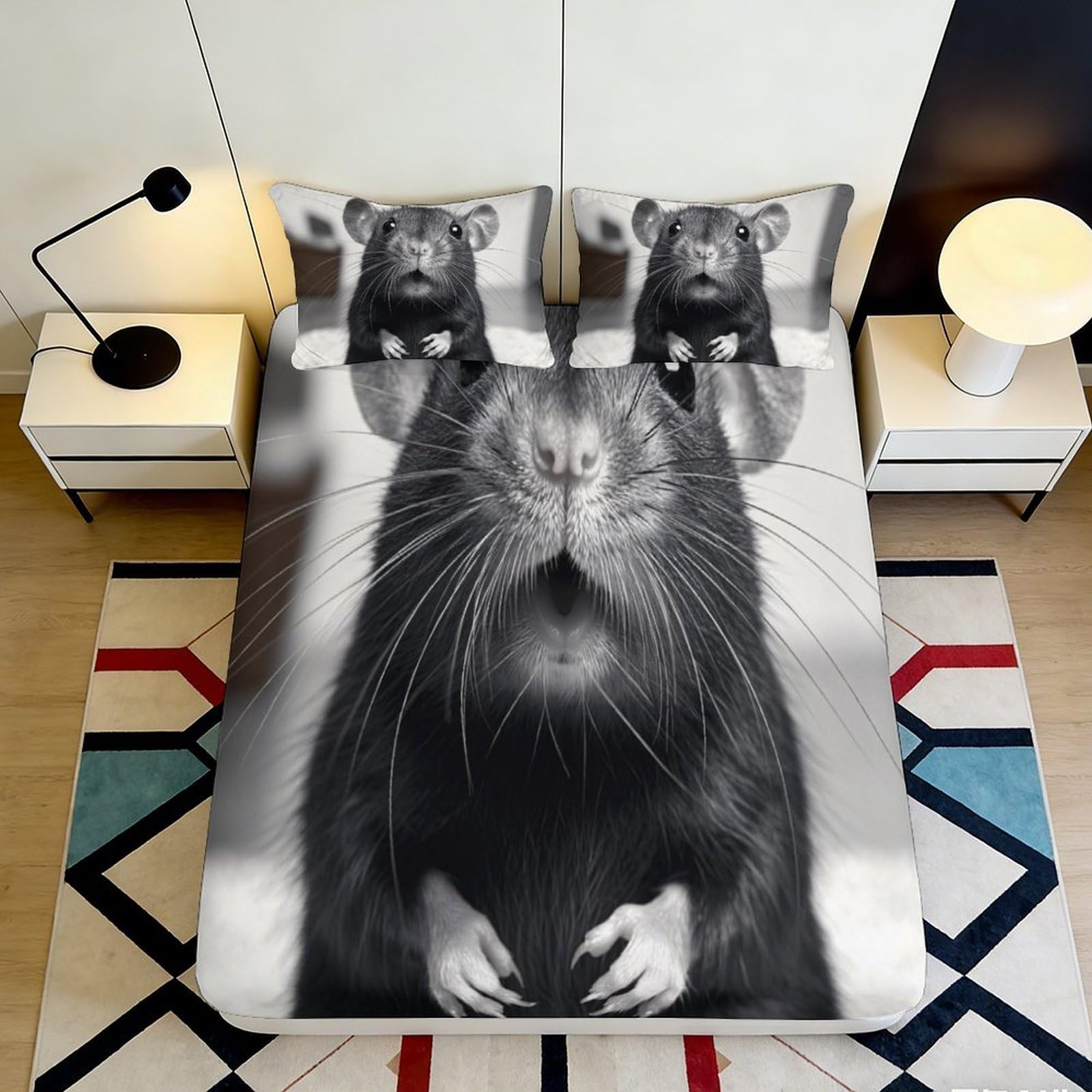 3D Printed Rat Illustration Fitted Sheet Microfiber Soft Anti-Slip Rodent Art Bed Cover for Bedroom Dorm Decor 90x200x25cm