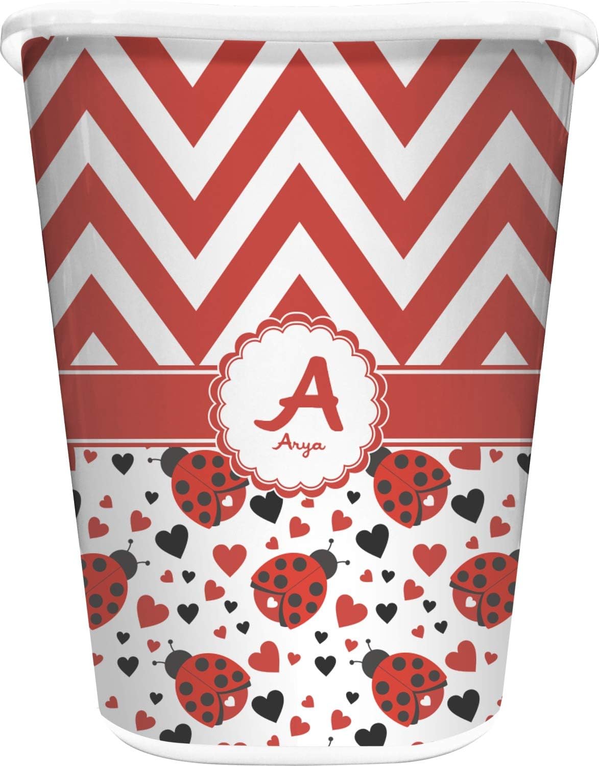 Personalized Ladybugs & Chevron Waste Basket - Double Sided (Black)