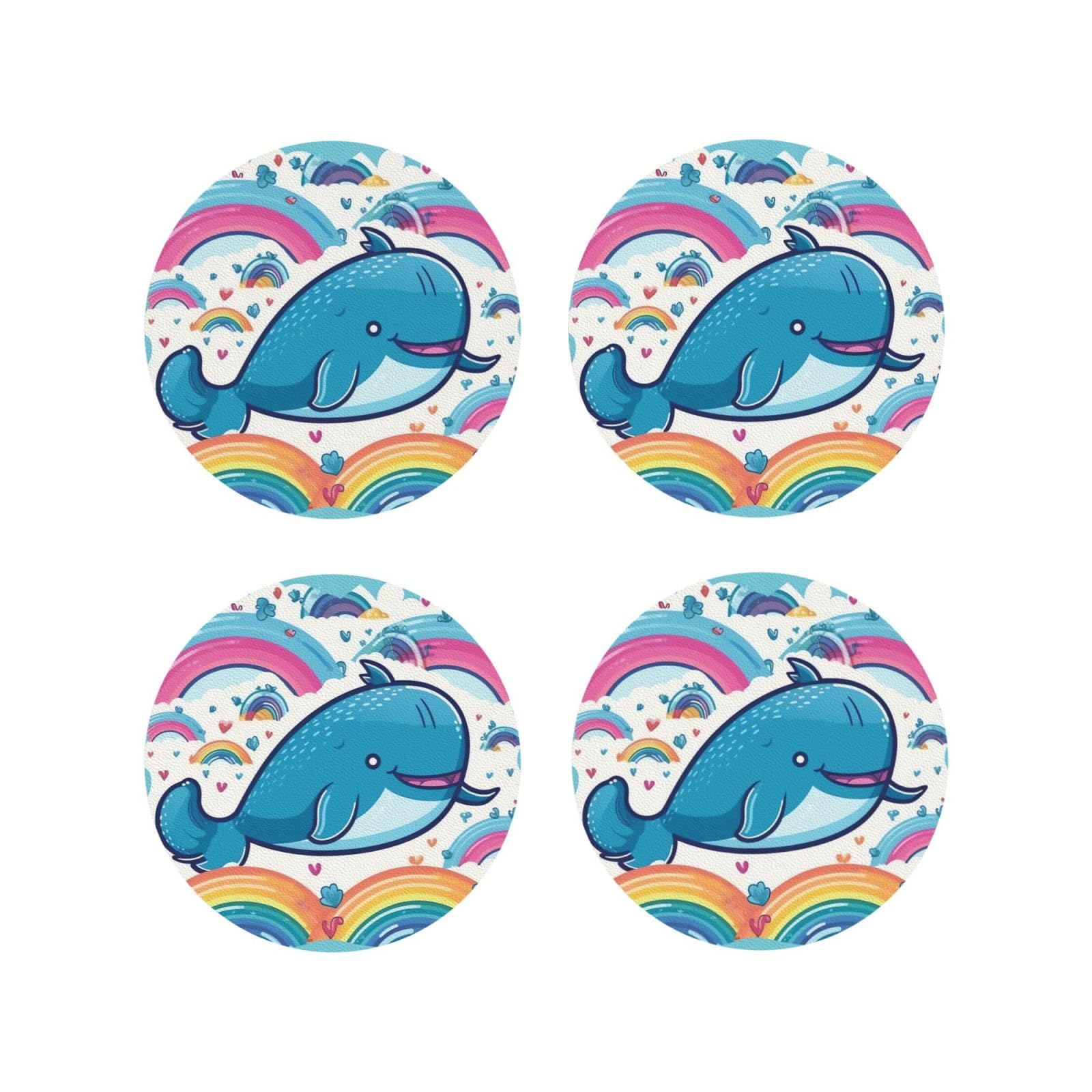 4pcs Drink Coasters for Tabletop Protection, 4" Leather Coasters for Drinks, Cartoon Whale and Rainbow Cup Coasters for Coffee Table Decor, Non-Slip Drinking Cup Mat for Hot Or Cold Drink